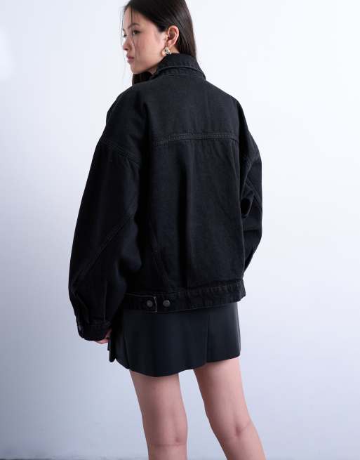 Topshop denim balloon sleeve oversized jacket in washed black