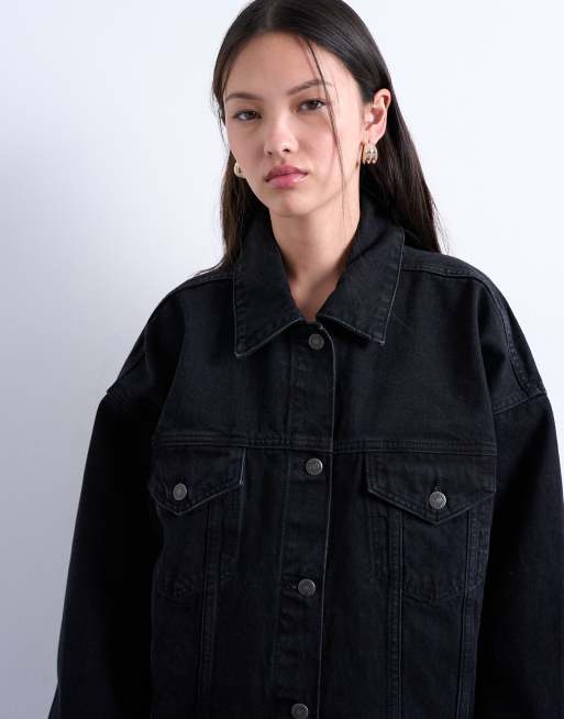 Topshop denim balloon sleeve oversized jacket in washed black