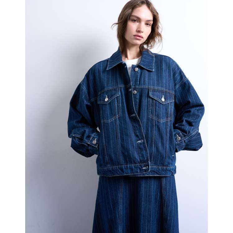 Topshop denim balloon sleeves jacket in indigo stripes | ASOS