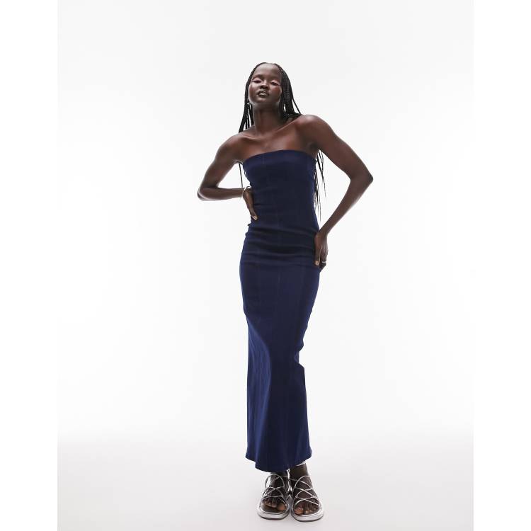 Own the night navy shop blue strapless maxi dress