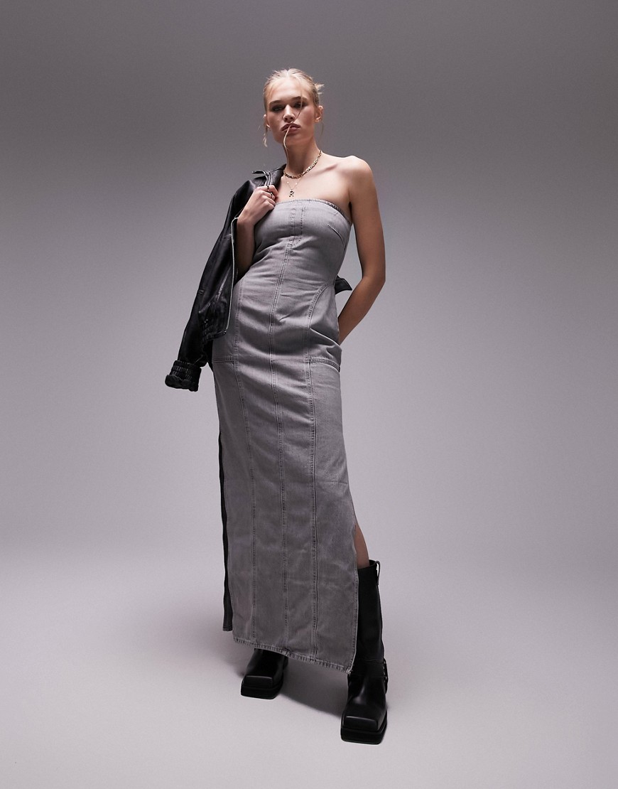 Shop Topshop Denim Bandeau Midi Dress With Splits In Gray