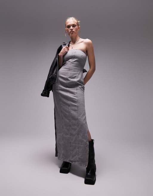 Topshop denim bandeau midi dress with splits in gray