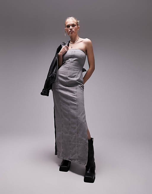 Topshop denim bandeau midi dress with splits in grey | ASOS