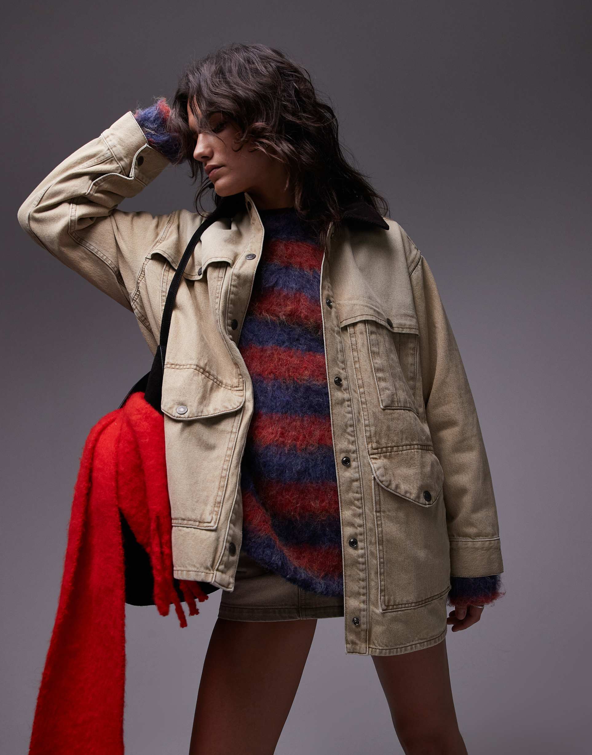 topshop denim barn jacket with cord collar in beige