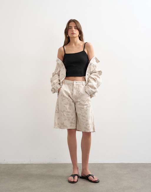 Topshop denim barrel jort in ecru jacquard floral, 2 of 5
