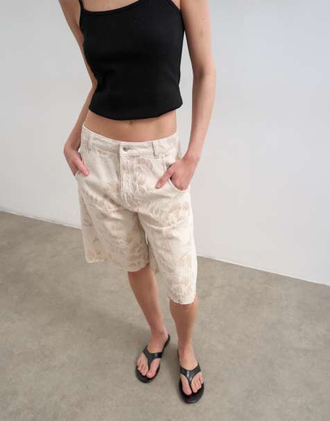 Topshop denim barrel jorts in ecru jacquard floral - view 1