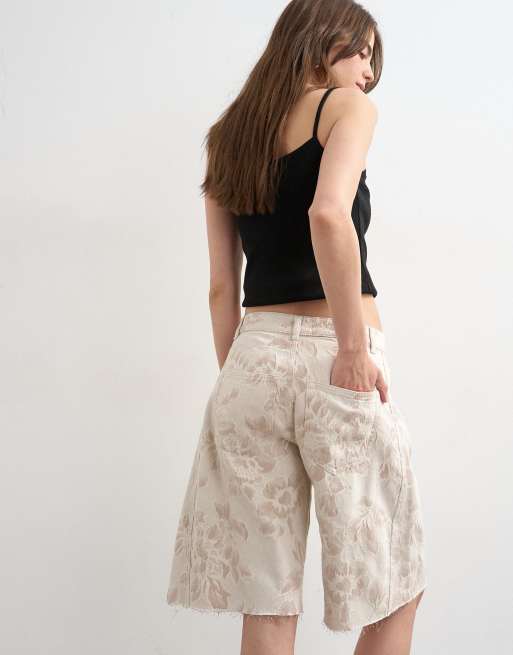 Topshop denim barrel jorts in ecru jacquard floral, 4 of 5