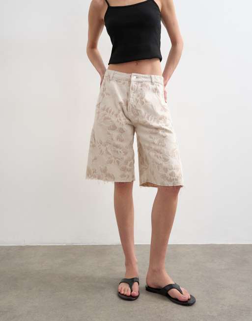 Topshop denim barrel jorts in ecru jacquard floral, 5 of 5