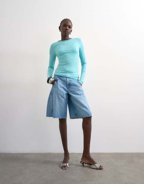 Topshop denim barrel jorts in mid blue - view 1