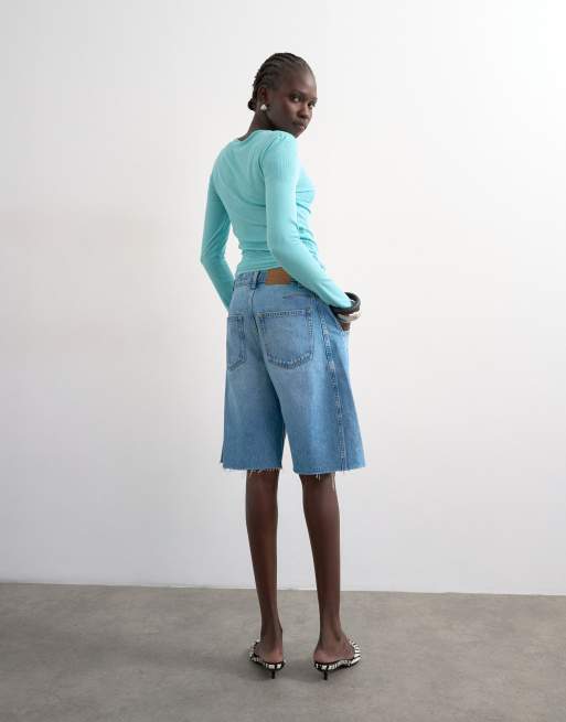 Topshop denim barrel jorts in mid blue, 2 of 5