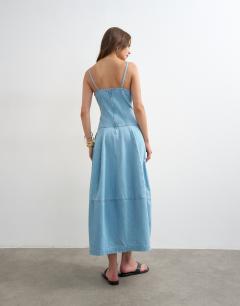 Model wearing Denim barrel maxi dress in bleach