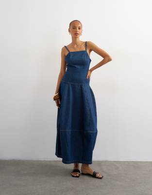 Denim barrel maxi dress in indigo rinse