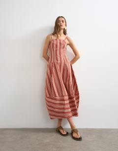 Denim barrel maxi dress in red stripe