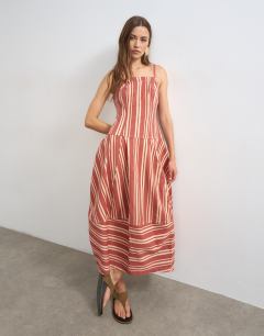 Model wearing Denim barrel maxi dress in red stripe