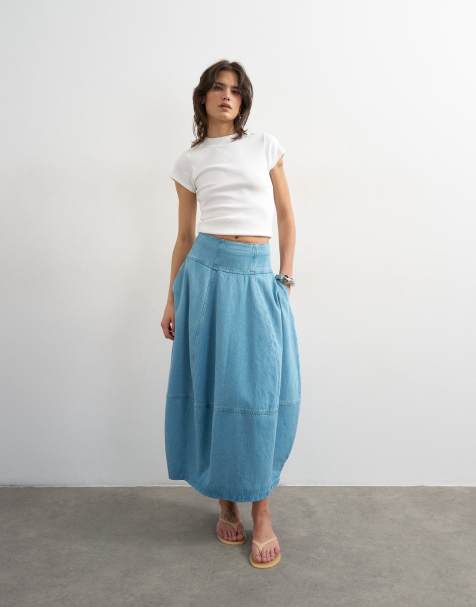 Topshop denim barrel seamed maxi skirt in bleach - view 1