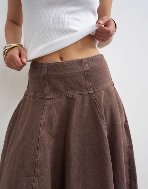 Topshop denim barrel seamed maxi skirt in brown and ecru, 3 of 5