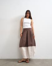Topshop denim barrel seamed maxi skirt in tobacco and ecru
