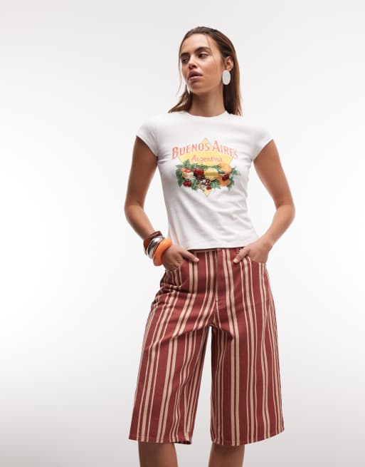 Topshop denim bermuda short in red stripe, 3 of 9