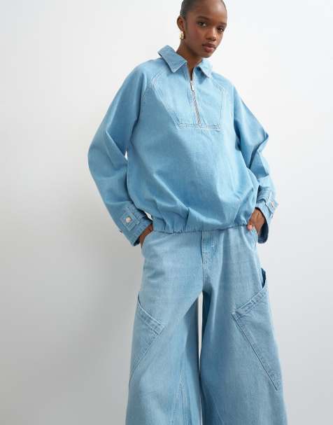 Topshop - Denim blouson jack met kraagje en korte rits in middenblauw - view 1