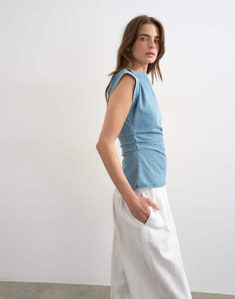 Topshop denim boat neck ruched side top in mid blue - view 1