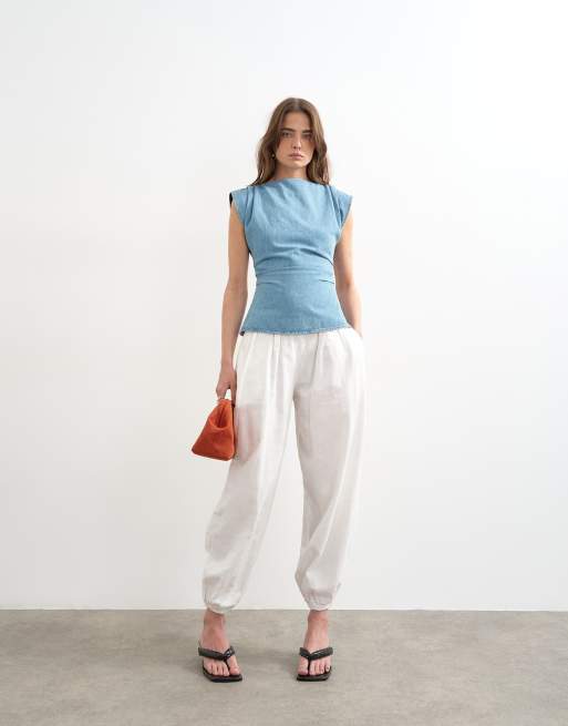Topshop denim boat neck ruched side top in mid blue, 2 of 4