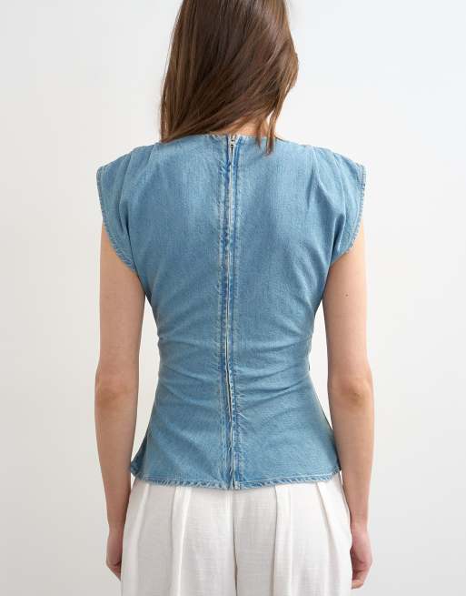 Topshop denim boat neck ruched side top in mid blue, 4 of 4