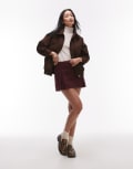 [Topshop] Topshop denim box pleat mini skirt in burgundy-Red M Burgundy