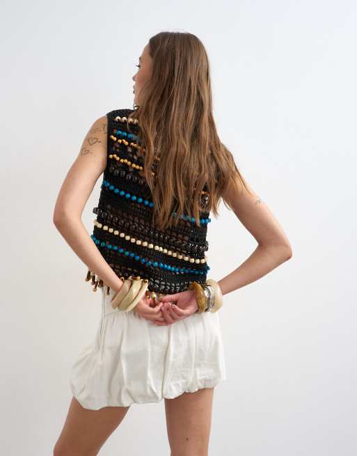 Topshop denim bubble hem mini skirt in bone, 4 of 5
