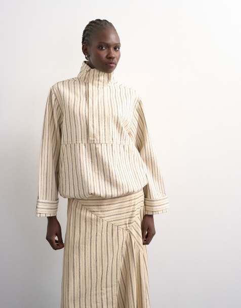 Topshop denim bubble hem top with funnel neck in ecru stripe - view 1