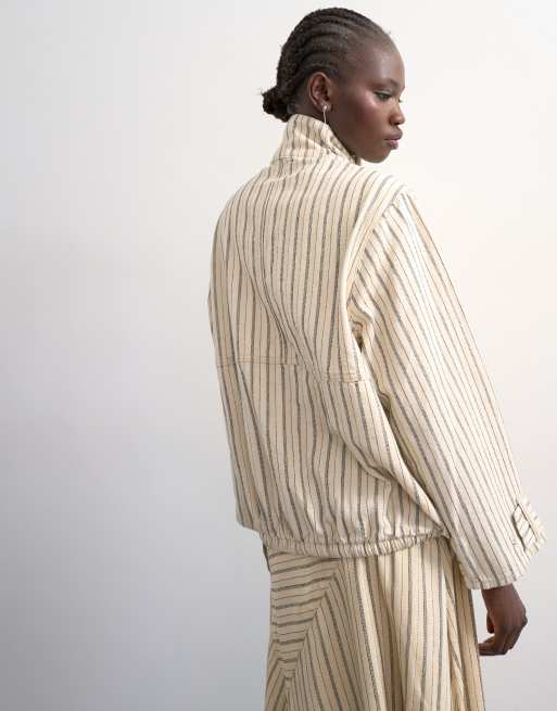 Topshop denim bubble hem top with funnel neck in ecru stripe, 3 of 4