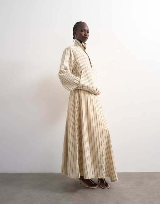 Topshop denim bubble hem top with funnel neck in ecru stripe, 4 of 4