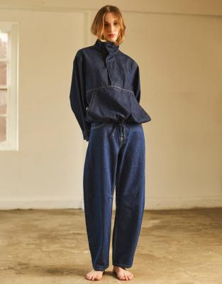 Topshop Denim Bubble Hem Top With Funnel Neck In Multi