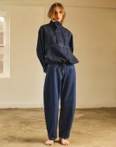 Topshop denim bubble hem top with funnel neck in indigo rinse