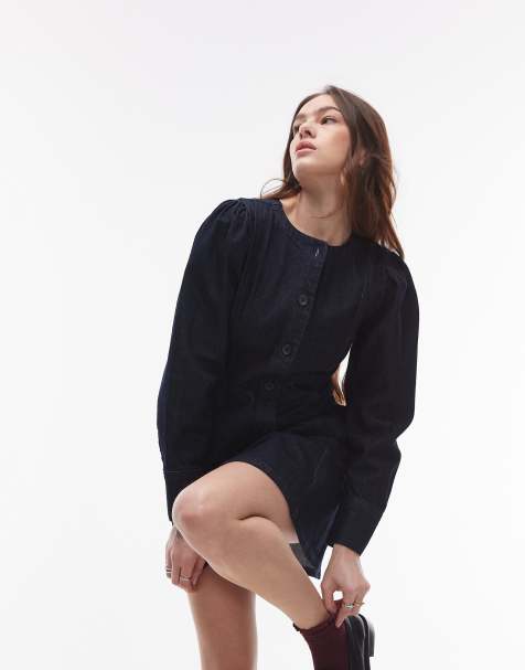 Topshop denim button down long sleeve top in indigo - view 1
