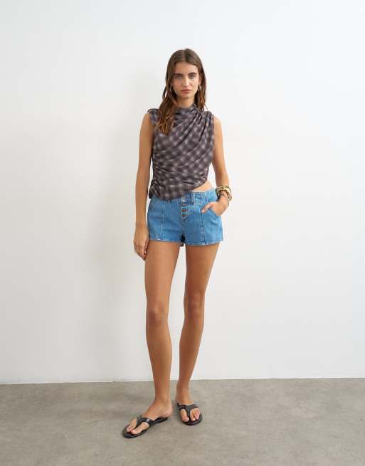 Topshop denim button fly knicker shorts in mid blue, 2 of 5