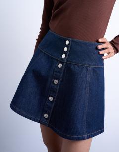 Model wearing Denim button through mini skirt in indigo rinse