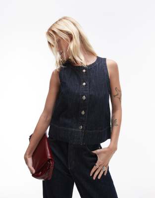 Topshop Denim Button Through Top In Raw Indigo-blue