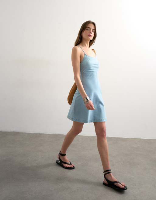 white christmas dresses Light Denim Ruffled Swing Mini Dress