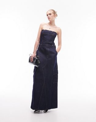 Topshop denim cargo dungaree dress in indigo - ASOS Price Checker