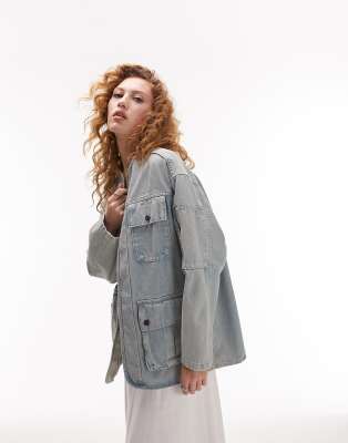 Topshop Denim Cargo Liner Jacket In Authentic Wash-blue In Blue