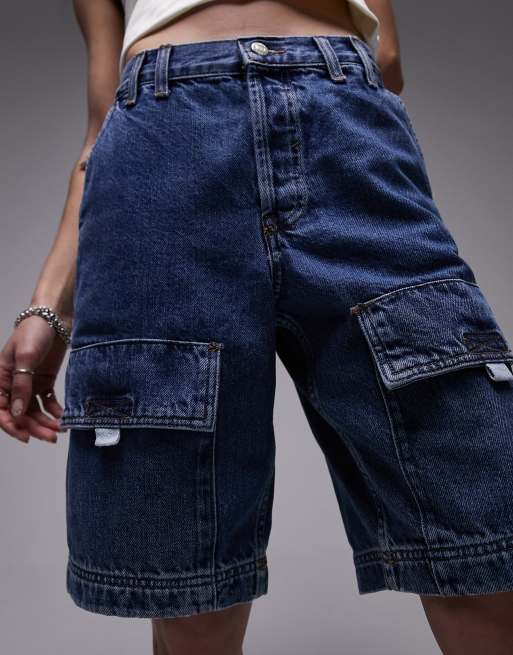 Topshop - Denim cargoshort met lange pasvorm in middenblauw, 3 van 4