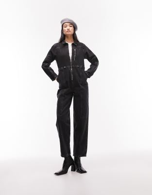 Topshop denim carpenter boilersuit with adjustable waist in washed black Sale