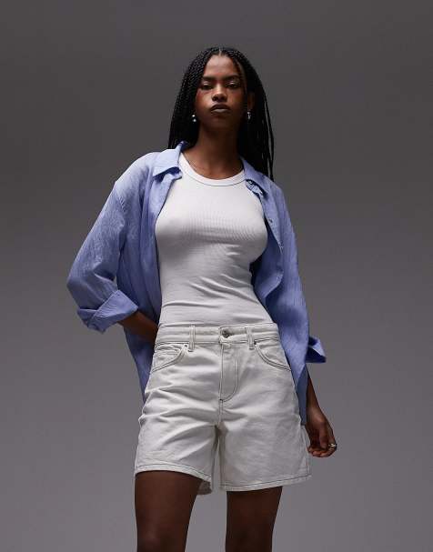 Topshop denim cinch back shorts in bone white - view 1