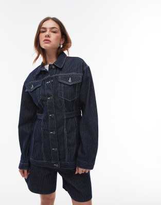 denim cinch detail jacket in indigo stripe-Blue