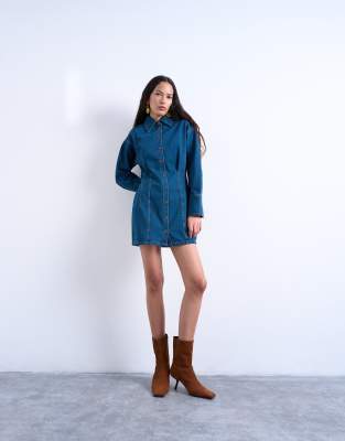 Topshop Women's Black Denim Cinch Detail Mini Dress In Blue
