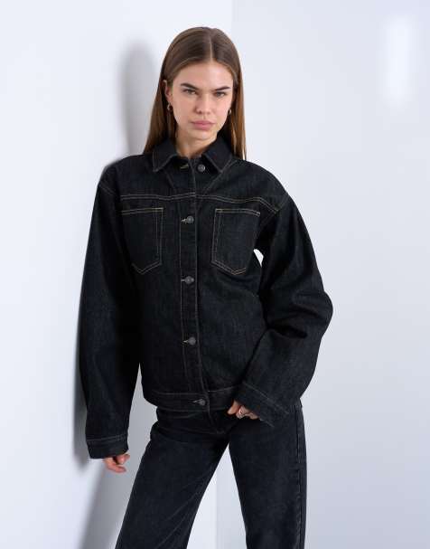 Topshop denim cinch detail shacket in black ecru - view 1