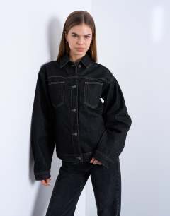 Denim cinch detail shacket in black ecru