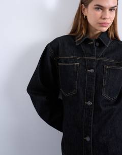 Model wearing Denim cinch detail shacket in black ecru