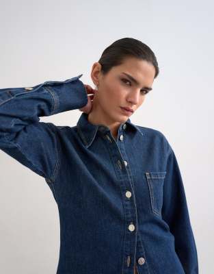 Topshop Women's Indigo Denim Cinch Detail Shirt In -Blue