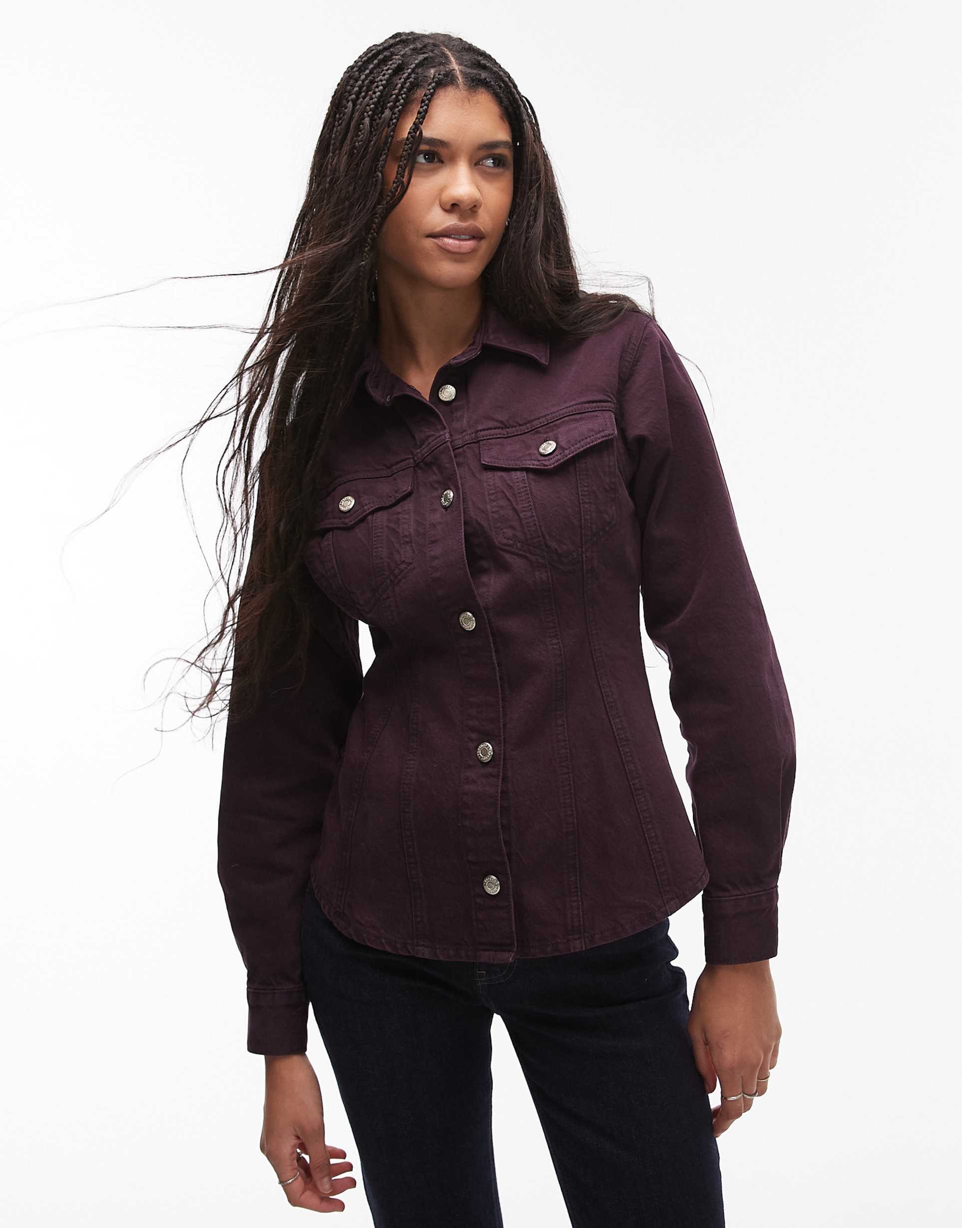 topshop denim cinch shirt in oxblood